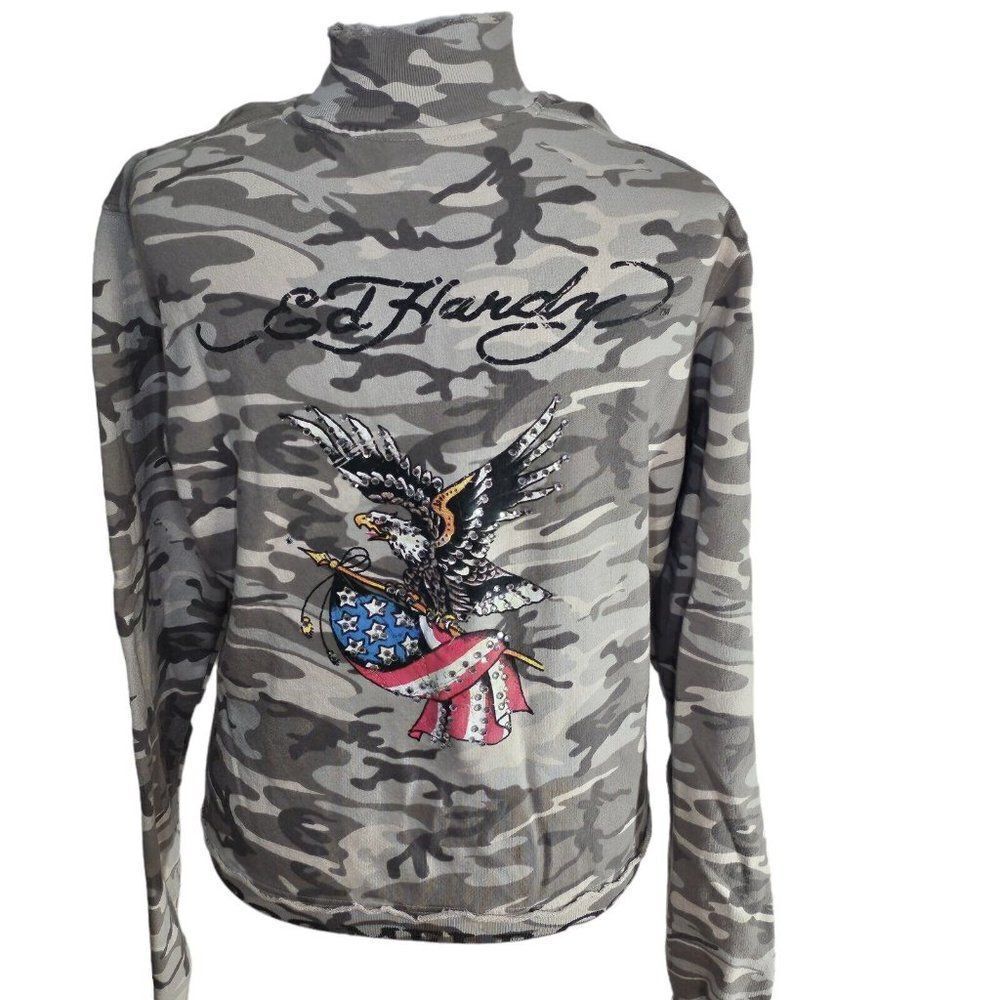 Vintage Y2K Ed Hardy Sweatshirt Womens Size L Green Camouflage Camo Flag Eagle